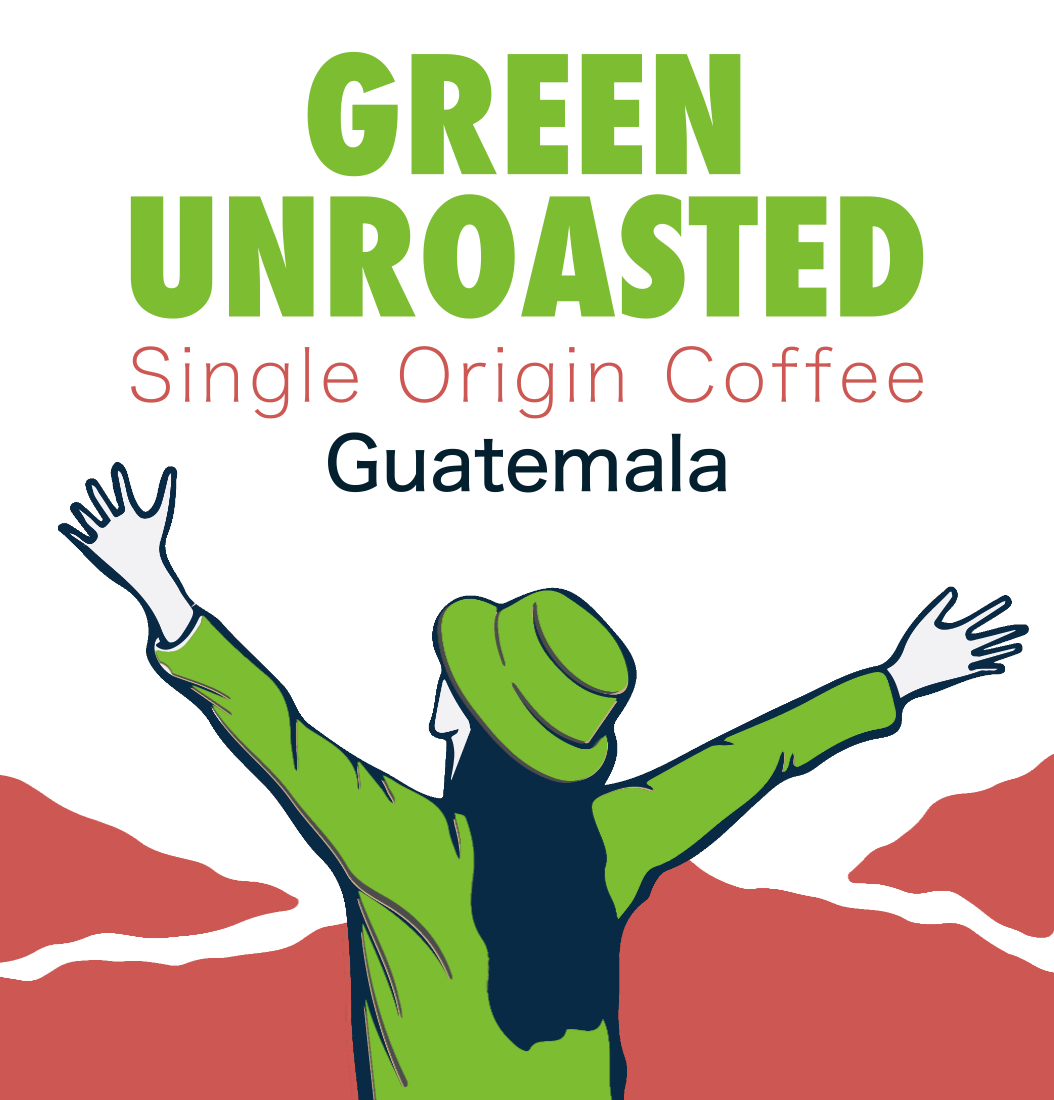 Green Unroasted single original coffee from Guatemala logo. Woman in green with her arms spread looking at hills. 